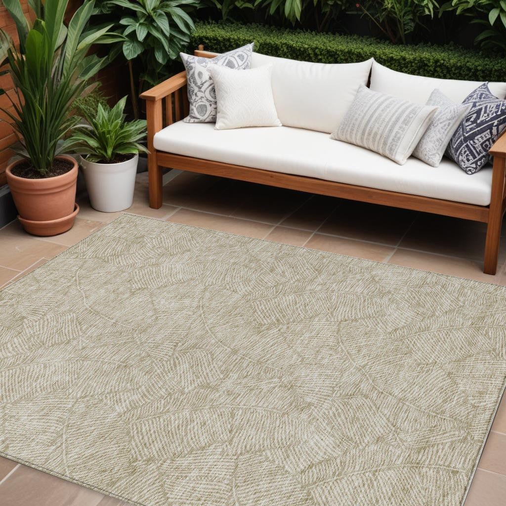9' X 12' Taupe And Ivory Floral Washable Indoor Outdoor Area Rug