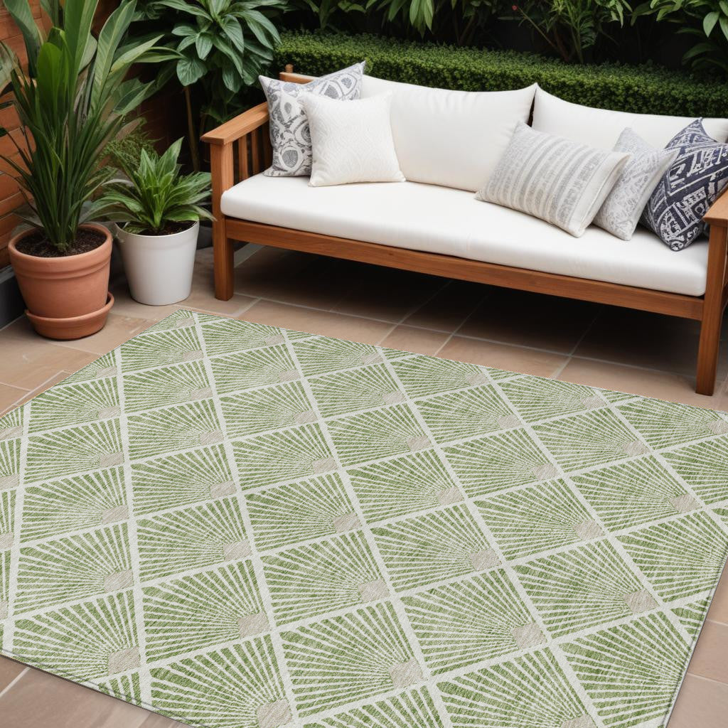 9' X 12' Green Beige And Ivory Geometric Washable Indoor Outdoor Area Rug