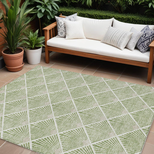 10' X 14' Green Beige And Ivory Geometric Washable Indoor Outdoor Area Rug