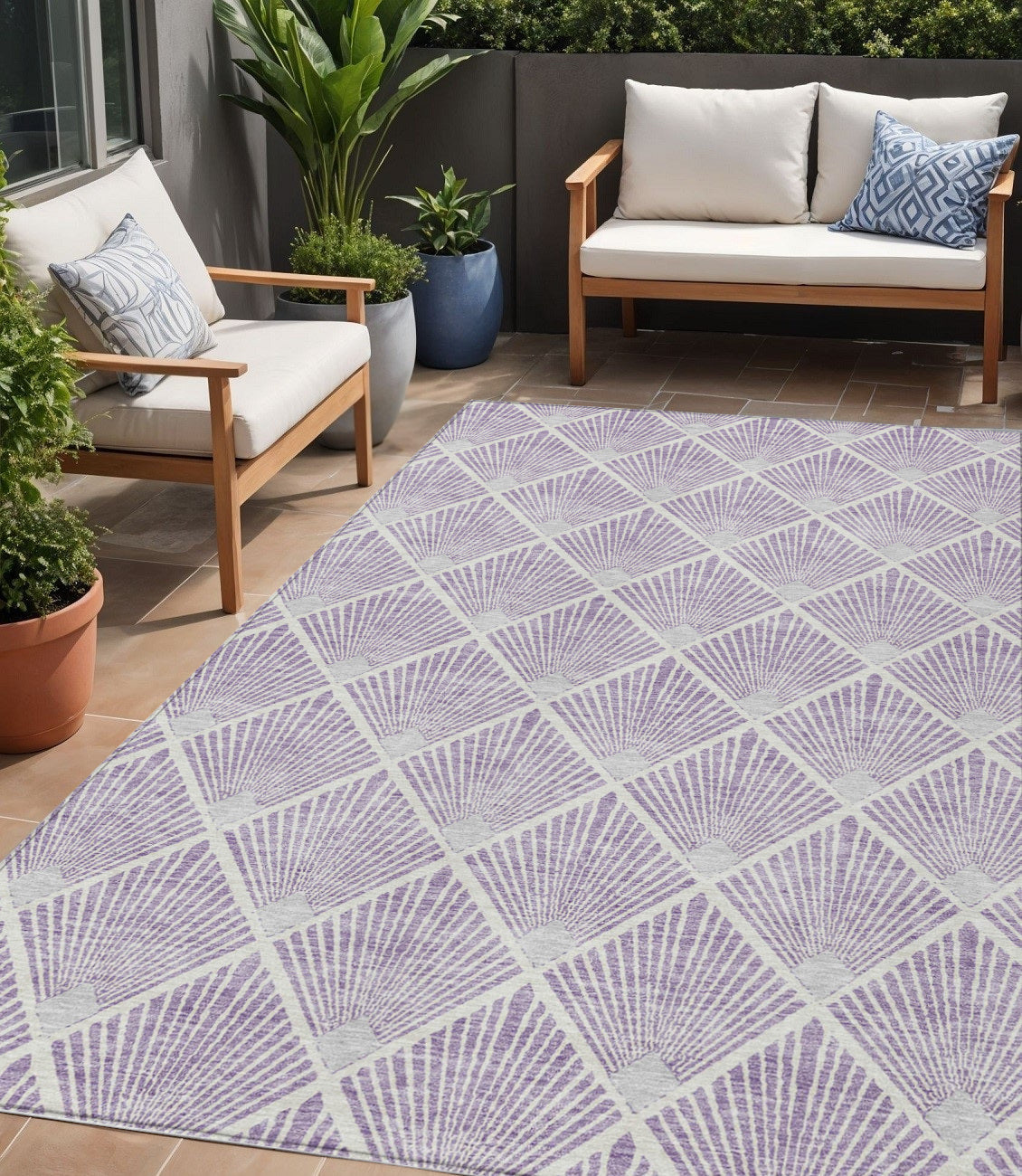 5' X 8' Lavender Gray And Ivory Geometric Washable Indoor Outdoor Area Rug