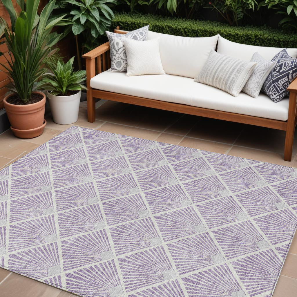 9' X 12' Lavender Gray And Ivory Geometric Washable Indoor Outdoor Area Rug