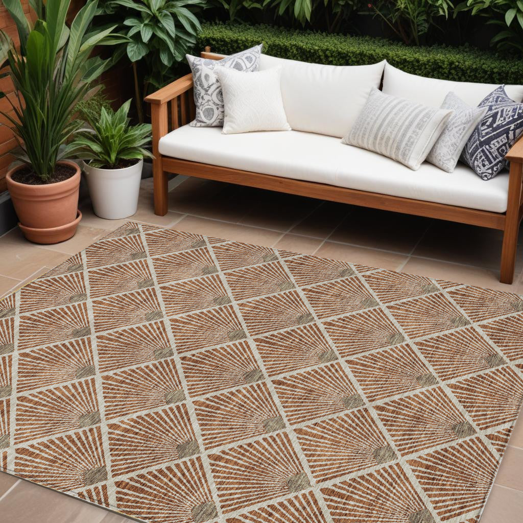 10' X 14' Brown Copper And Beige Geometric Washable Indoor Outdoor Area Rug