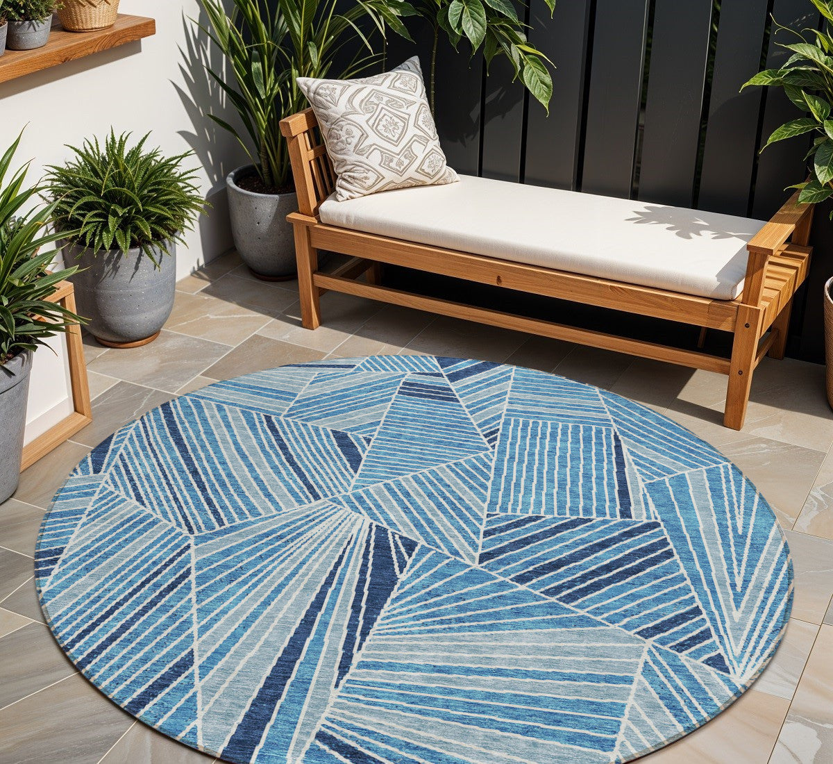 8' Blue And Teal Blue Round Geometric Washable Indoor Outdoor Area Rug