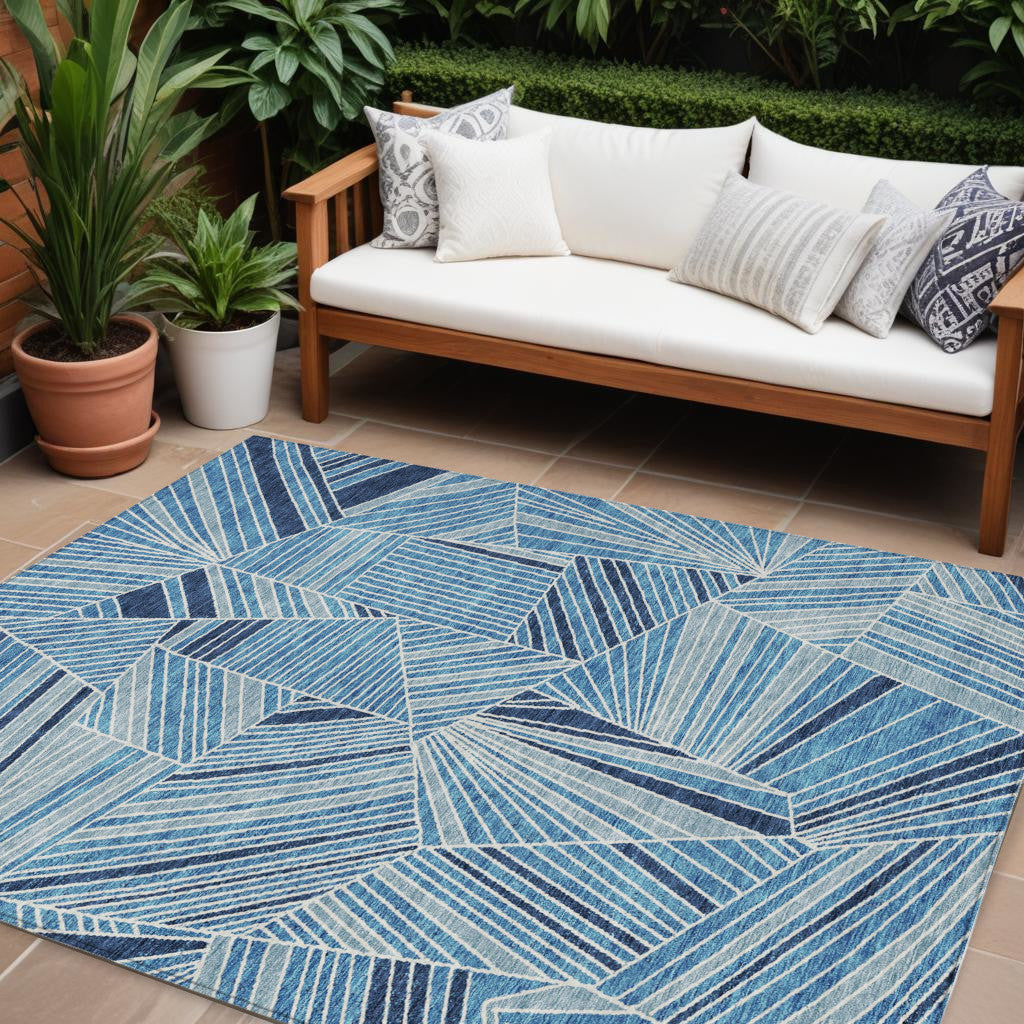 10' X 14' Blue And Teal Blue Geometric Washable Indoor Outdoor Area Rug