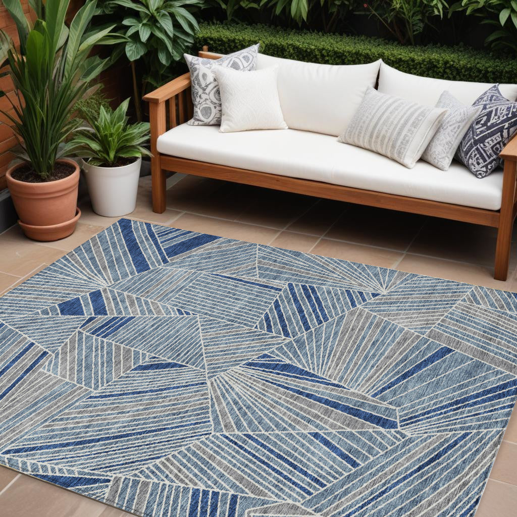 10' X 14' Denim Blue Gray And Ivory Geometric Washable Indoor Outdoor Area Rug