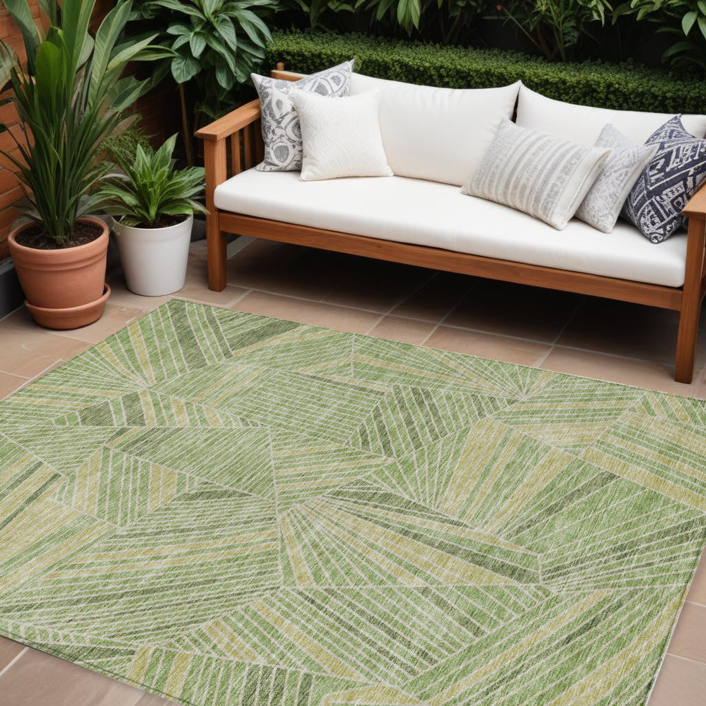 9' X 12' Green And Olive Green Geometric Washable Indoor Outdoor Area Rug
