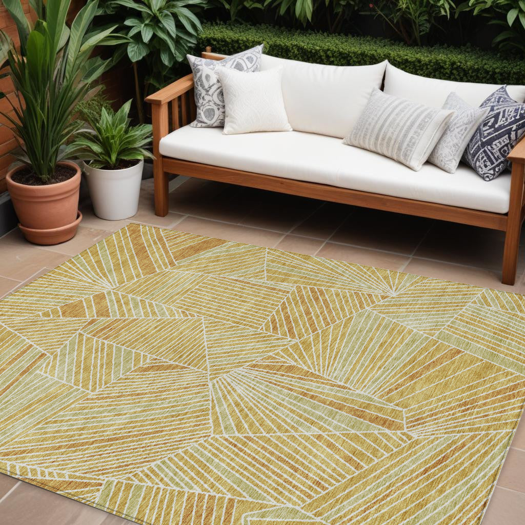 9' X 12' Gold Copper And Brown Geometric Washable Indoor Outdoor Area Rug