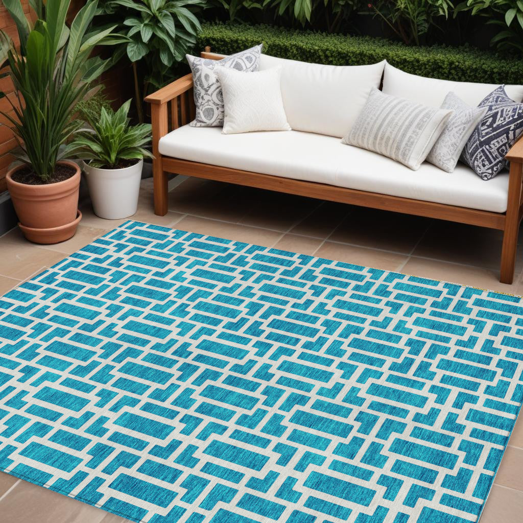 9' X 12' Turquoise And Ivory Geometric Washable Indoor Outdoor Area Rug
