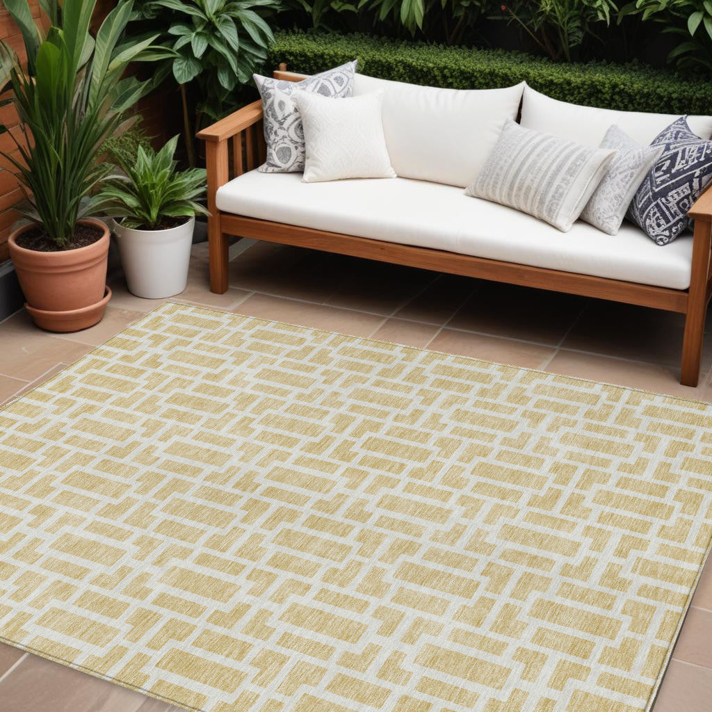 9' X 12' Wheat And Ivory Geometric Washable Indoor Outdoor Area Rug