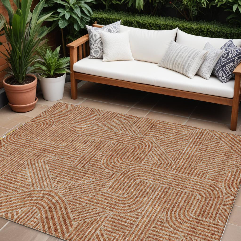 9' X 12' Terra Cotta And Brown Abstract Washable Indoor Outdoor Area Rug