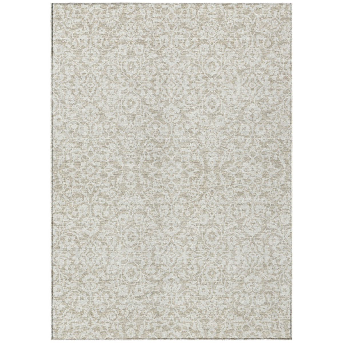5' X 8' Beige And Ivory Damask Washable Indoor Outdoor Area Rug