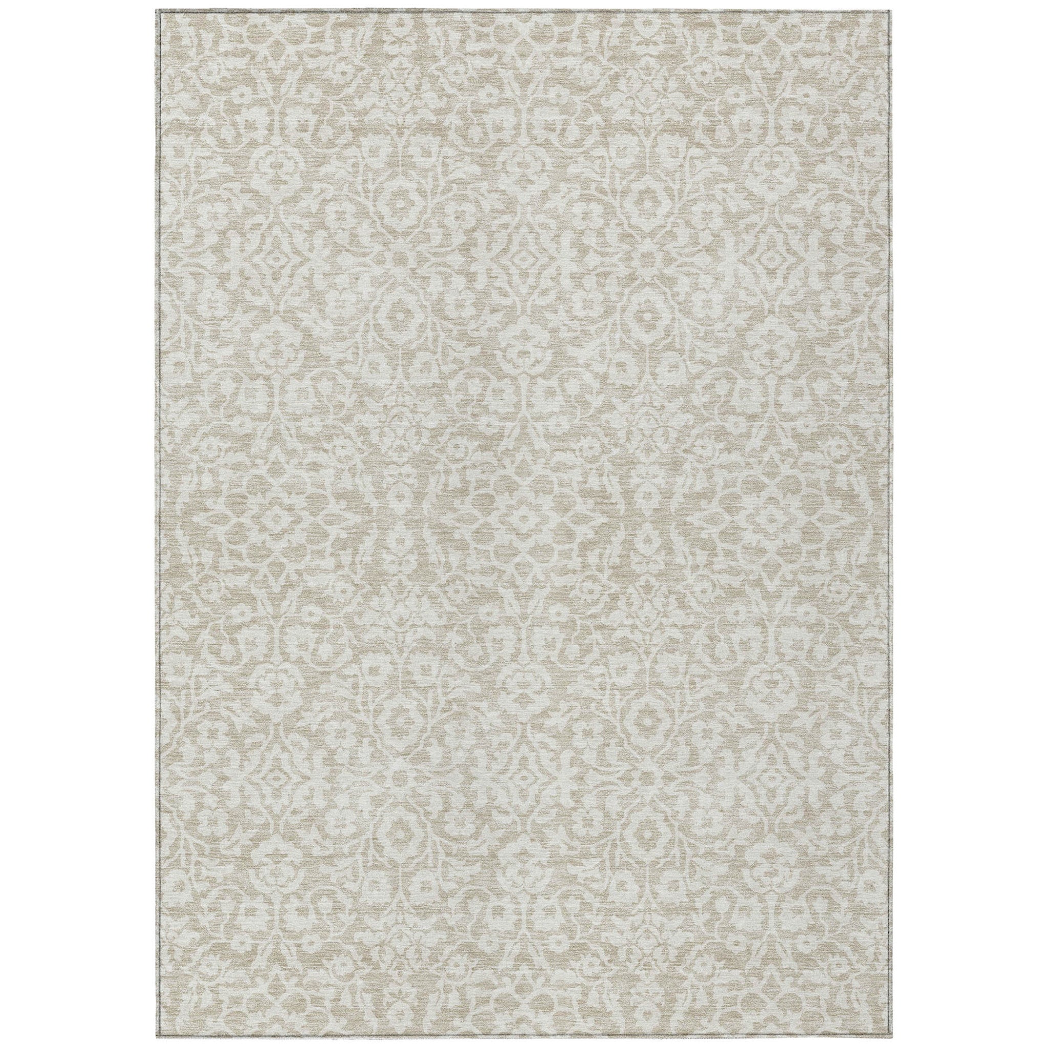 5' X 8' Beige And Ivory Damask Washable Indoor Outdoor Area Rug