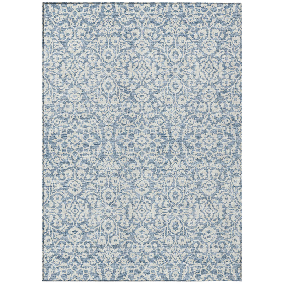 5' X 8' Denim Blue And Ivory Damask Washable Indoor Outdoor Area Rug