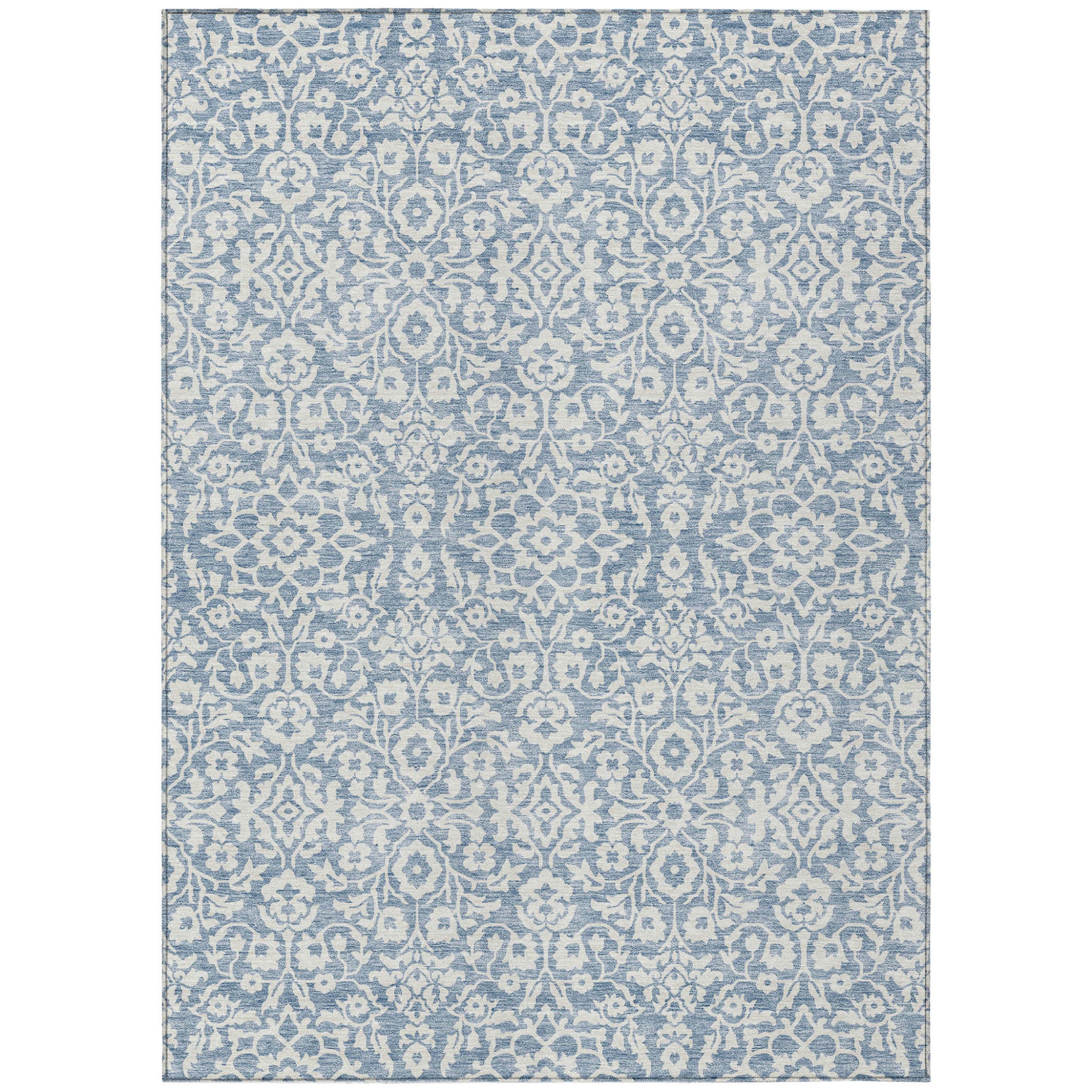 5' X 8' Denim Blue And Ivory Damask Washable Indoor Outdoor Area Rug
