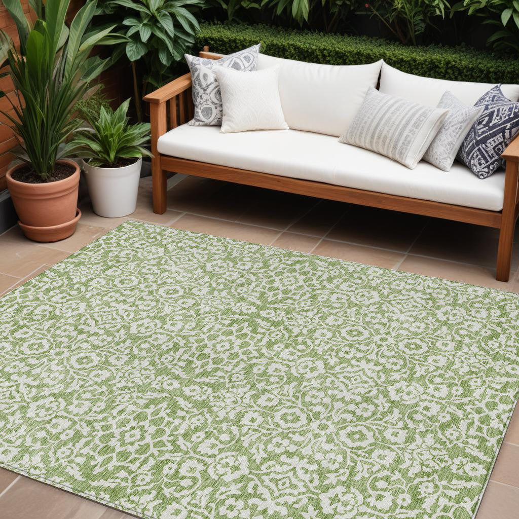 9' X 12' Green And Ivory Damask Washable Indoor Outdoor Area Rug