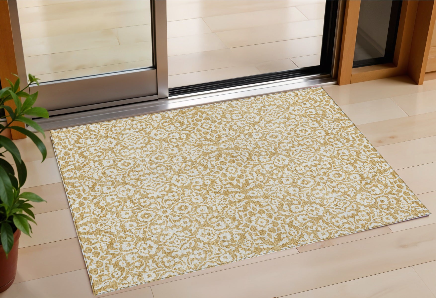 3' X 5' Gold And Beige Damask Washable Indoor Outdoor Area Rug