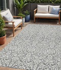 5' X 8' Gray And Ivory Damask Washable Indoor Outdoor Area Rug