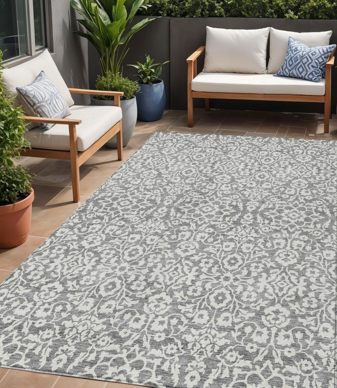 5' X 8' Gray And Ivory Damask Washable Indoor Outdoor Area Rug