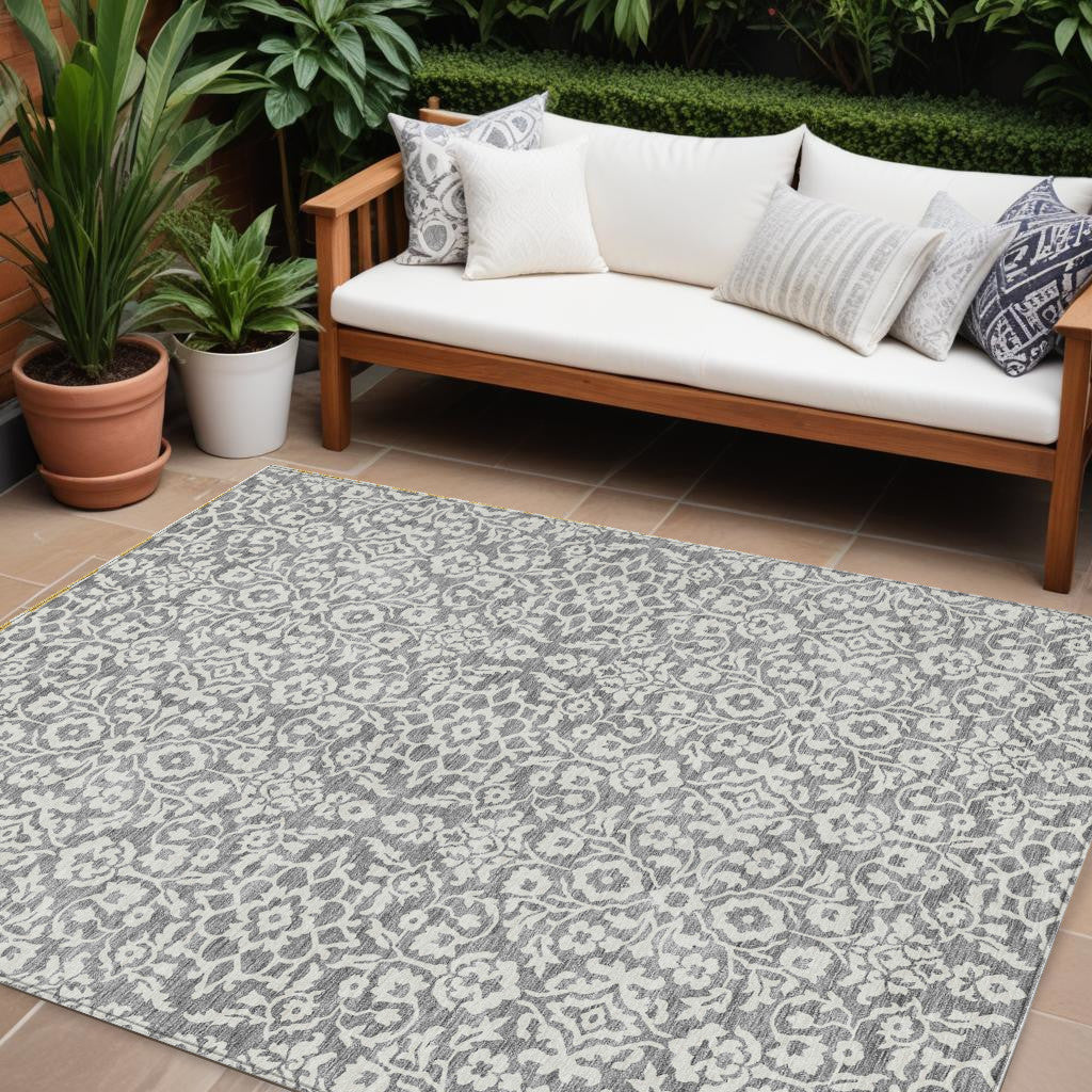 9' X 12' Gray And Ivory Damask Washable Indoor Outdoor Area Rug