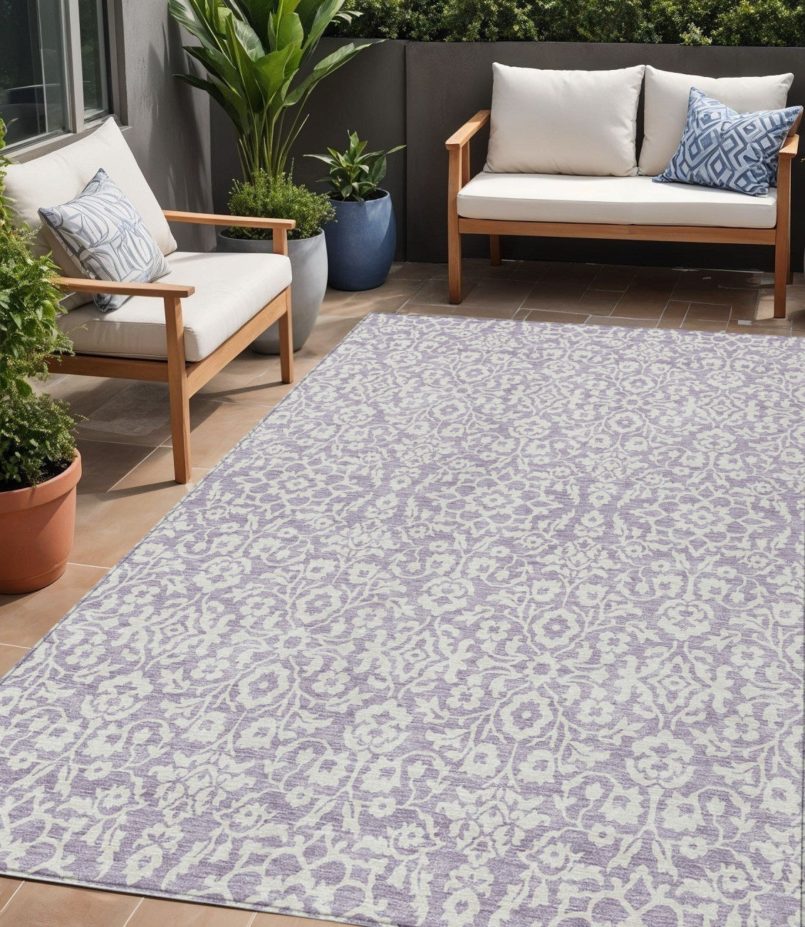 5' X 8' Lavender And Ivory Damask Washable Indoor Outdoor Area Rug