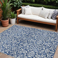 8' X 10' Navy Blue And Ivory Damask Washable Indoor Outdoor Area Rug