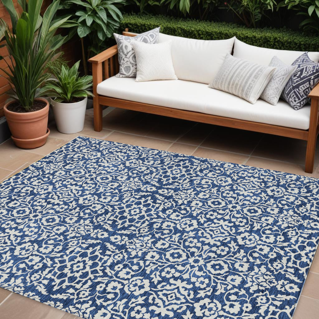 10' X 14' Navy Blue And Ivory Damask Washable Indoor Outdoor Area Rug