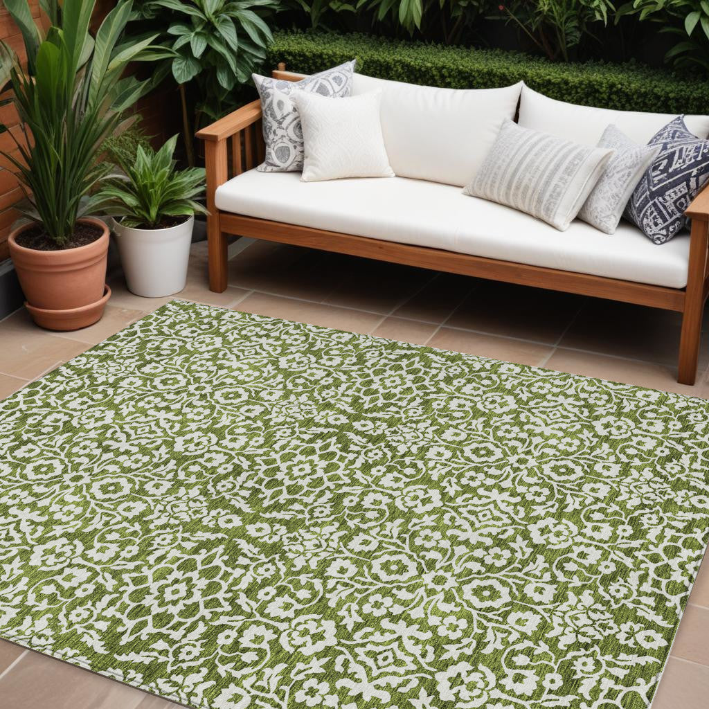 9' X 12' Olive Green And Ivory Damask Washable Indoor Outdoor Area Rug