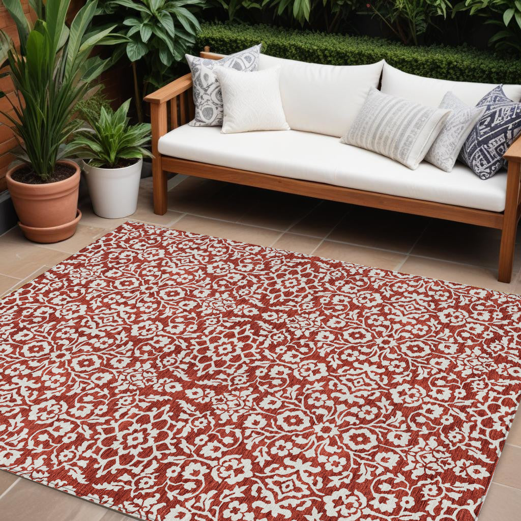 9' X 12' Red And Ivory Damask Washable Indoor Outdoor Area Rug