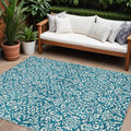 10' X 14' Teal Blue And Ivory Damask Washable Indoor Outdoor Area Rug