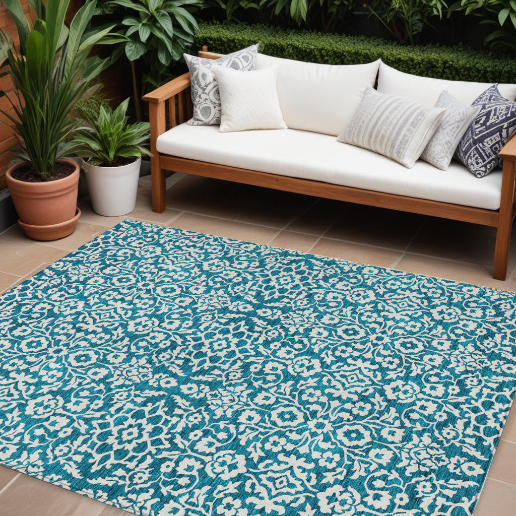 10' X 14' Teal Blue And Ivory Damask Washable Indoor Outdoor Area Rug