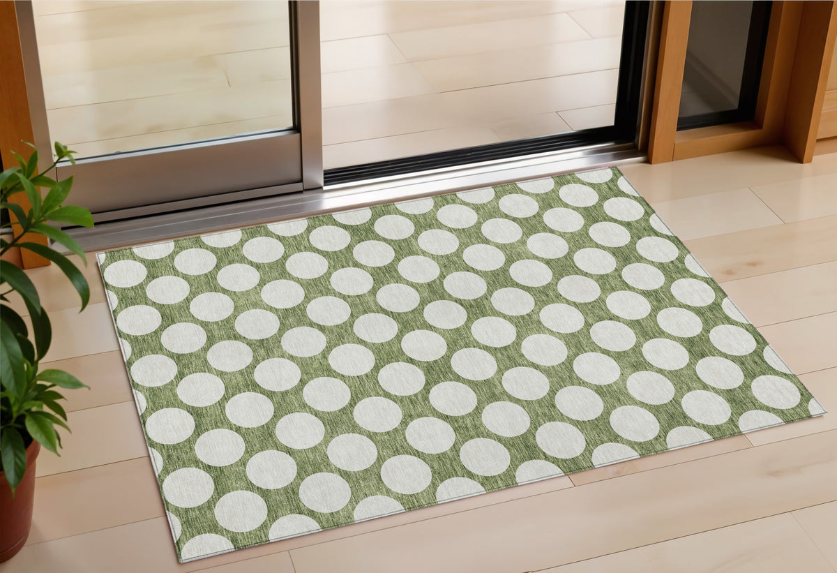 3' X 5' Green And Ivory Polka Dot Washable Indoor Outdoor Area Rug