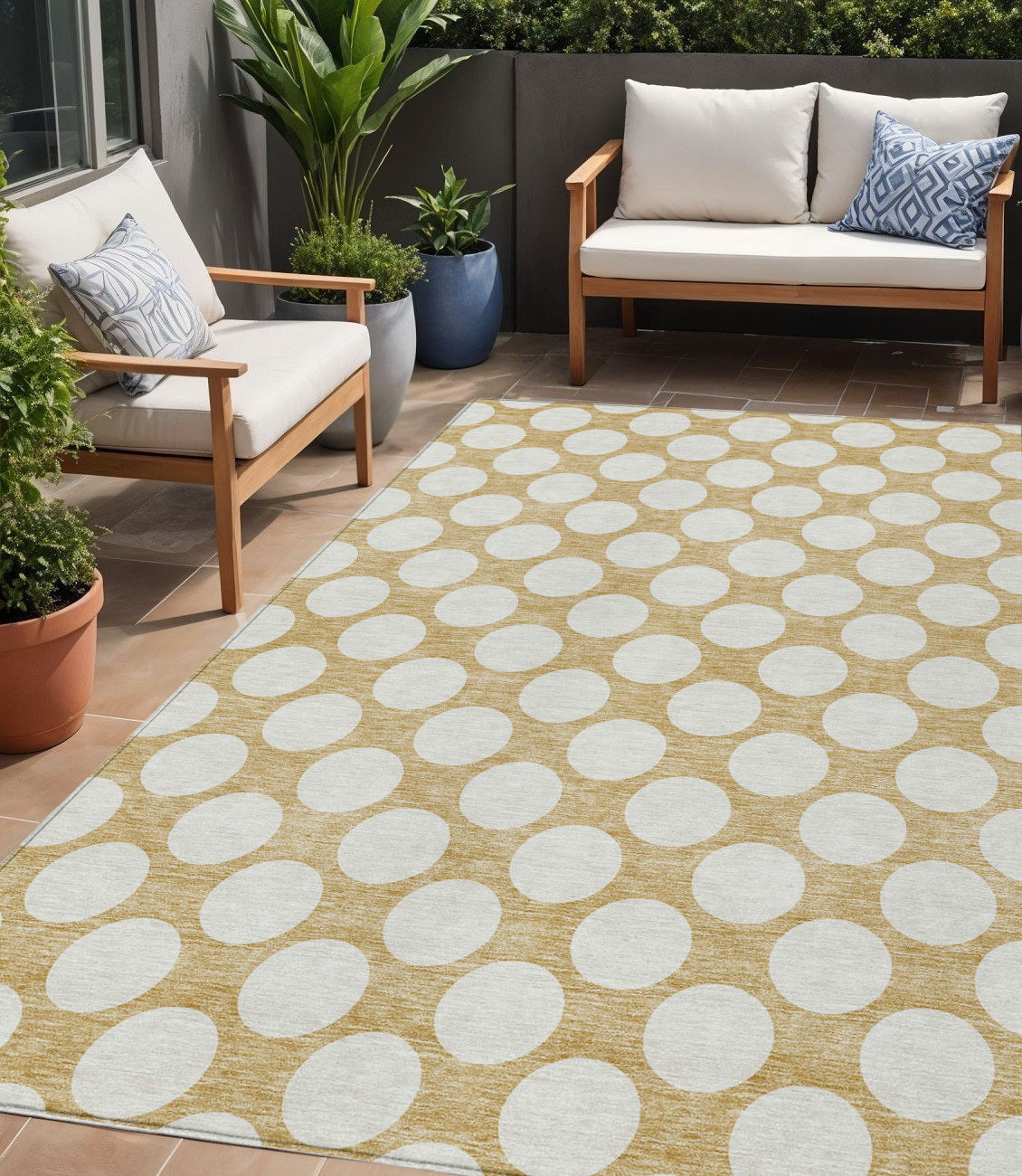 5' X 8' Gold And Beige Polka Dot Washable Indoor Outdoor Area Rug