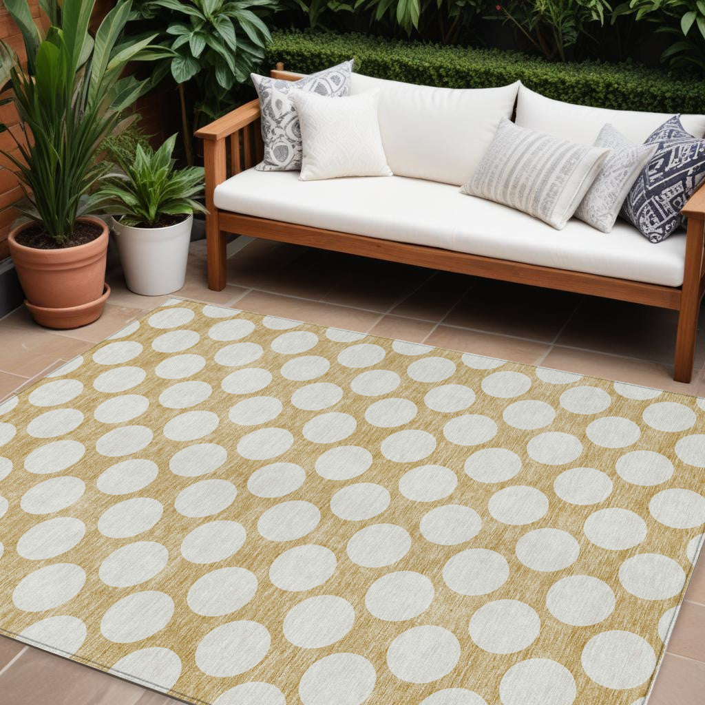 9' X 12' Gold And Beige Polka Dot Washable Indoor Outdoor Area Rug