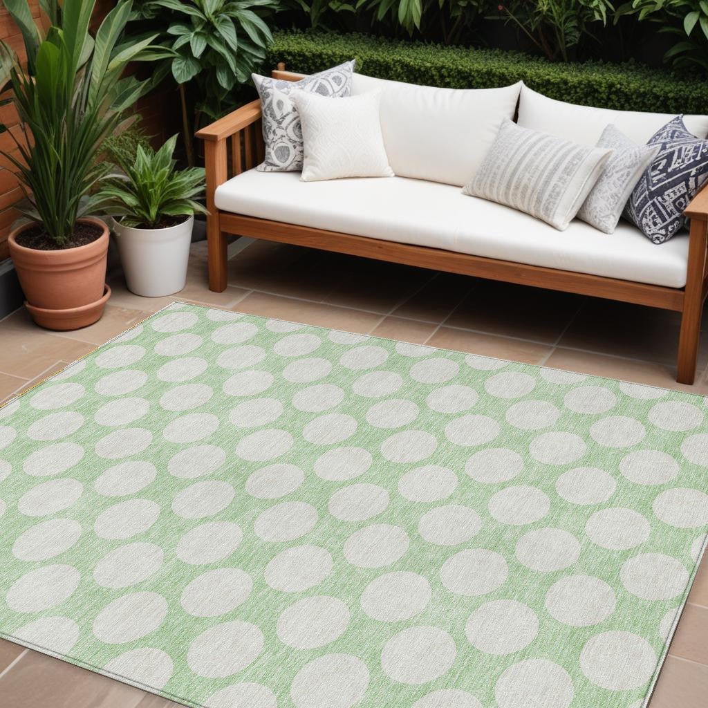 9' X 12' Mint Green And Ivory Polka Dot Washable Indoor Outdoor Area Rug