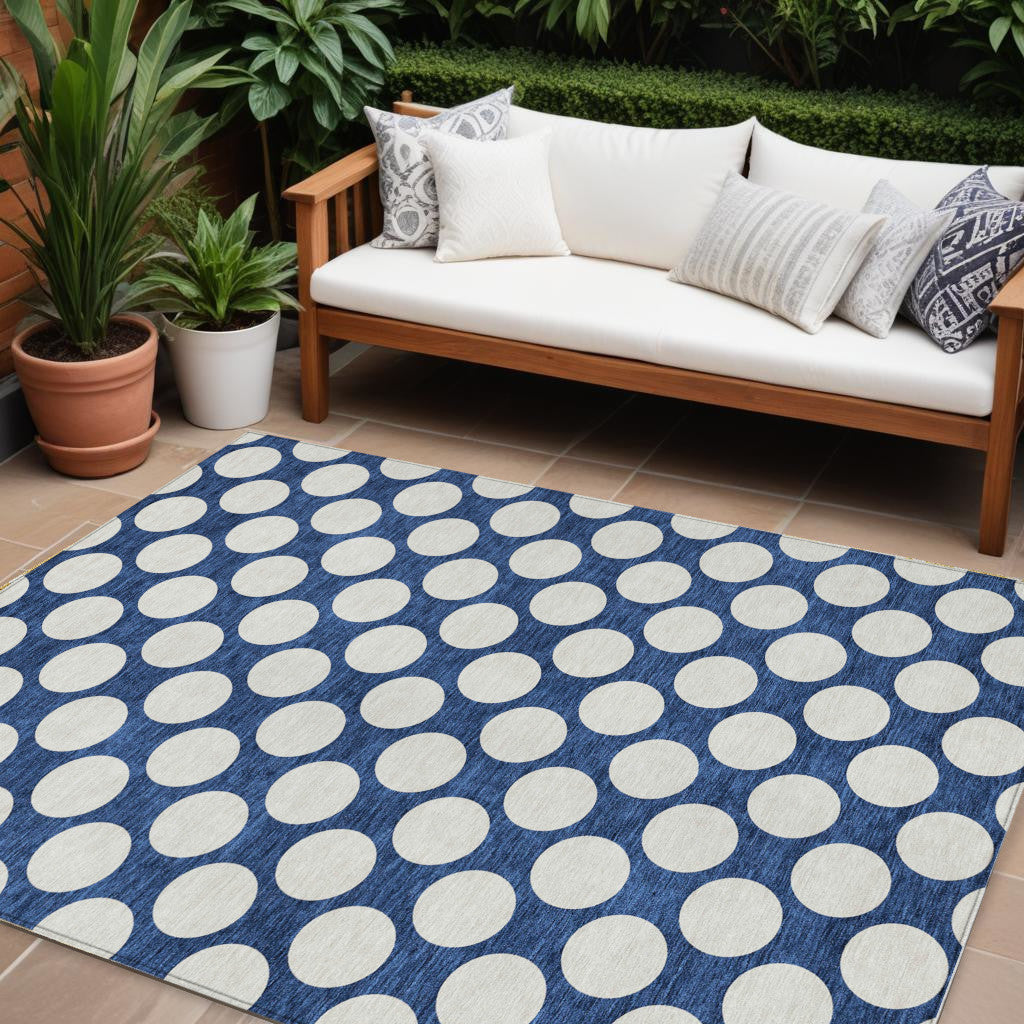 10' X 14' Navy Blue And Ivory Polka Dot Washable Indoor Outdoor Area Rug