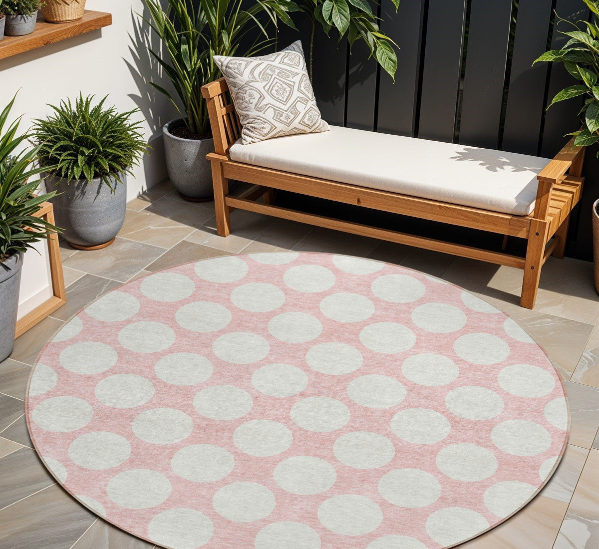 8' Pink And Gray Round Polka Dot Washable Indoor Outdoor Area Rug