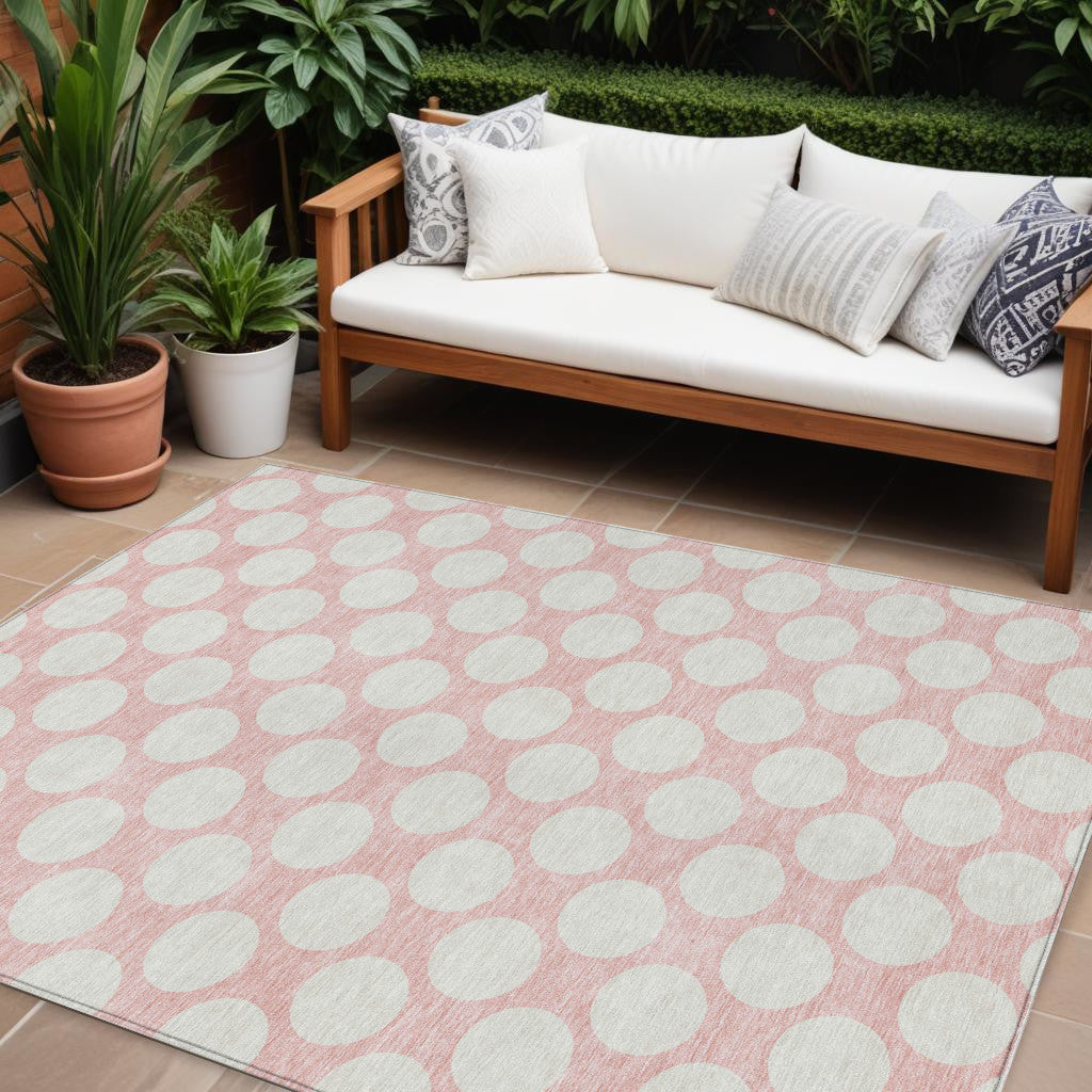 9' X 12' Pink And Gray Polka Dot Washable Indoor Outdoor Area Rug
