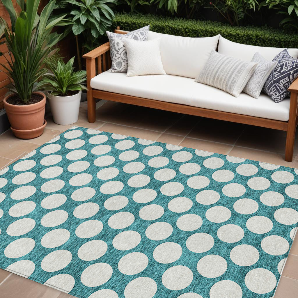 9' X 12' Teal Blue And Ivory Polka Dot Washable Indoor Outdoor Area Rug