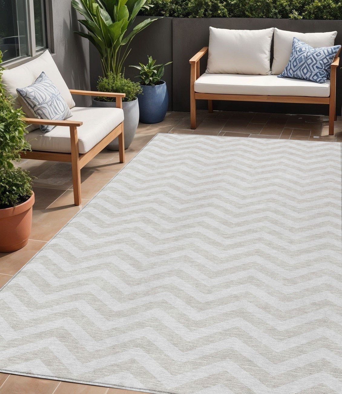 5' X 8' Ivory And Silver Chevron Washable Indoor Outdoor Area Rug