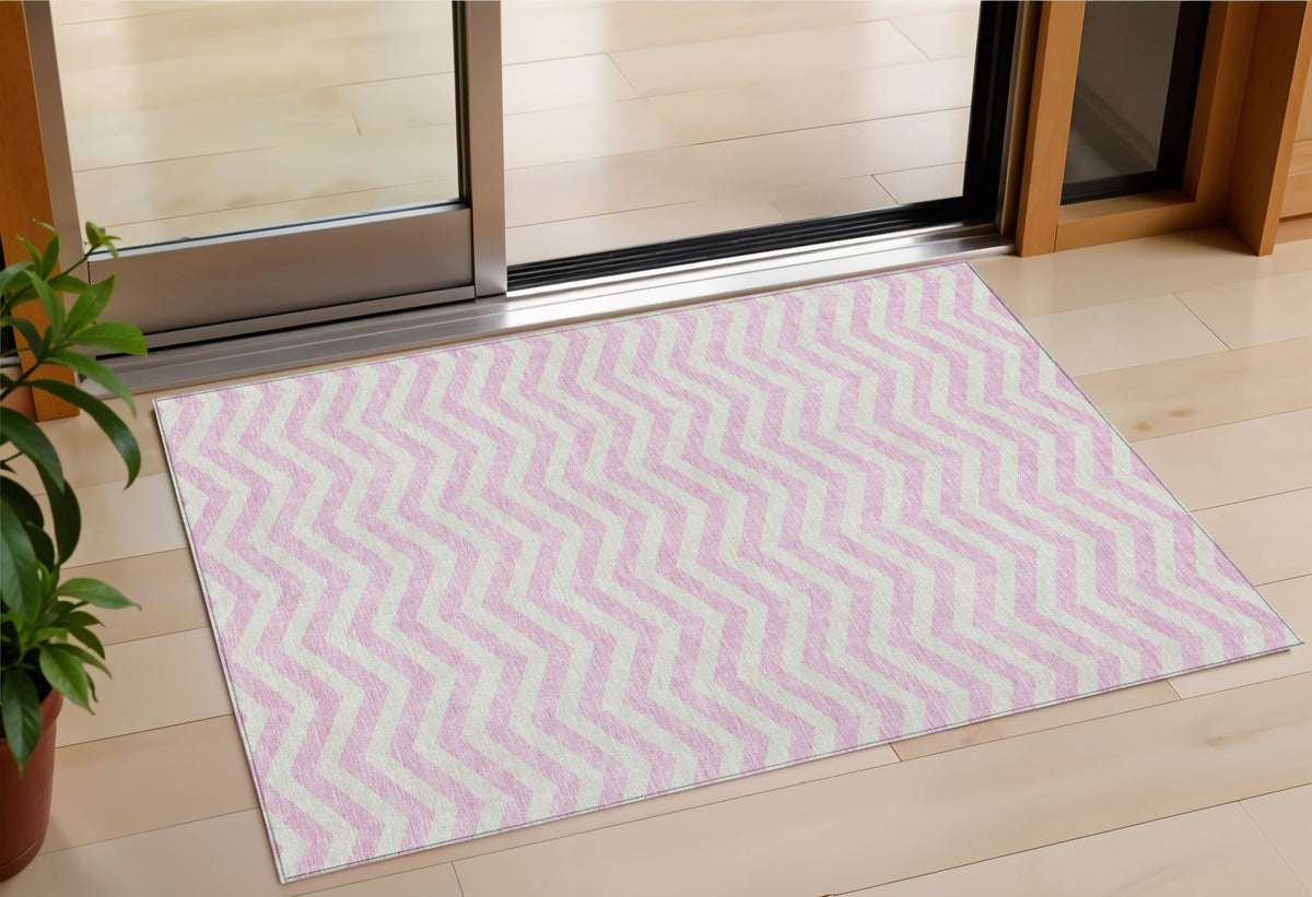 3' X 5' Pink And Gray Chevron Washable Indoor Outdoor Area Rug
