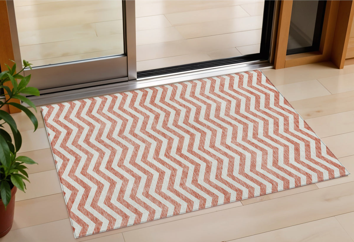 3' X 5' Salmon And Ivory Chevron Washable Indoor Outdoor Area Rug