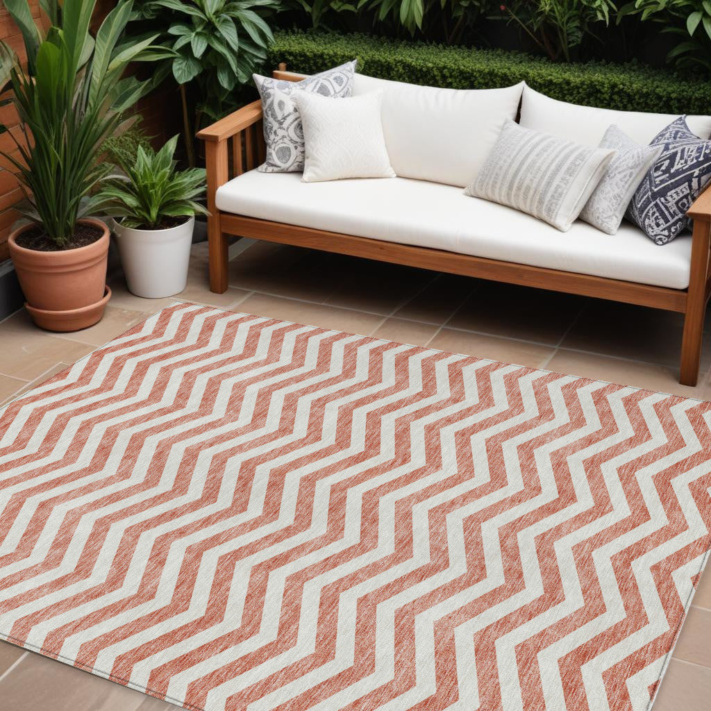 9' X 12' Salmon And Ivory Chevron Washable Indoor Outdoor Area Rug