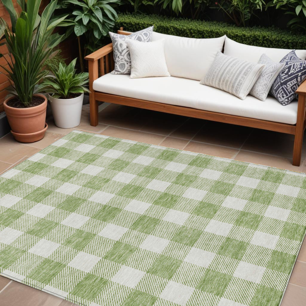 8' X 10' Artichoke Green And Gray Plaid Washable Indoor Outdoor Area Rug