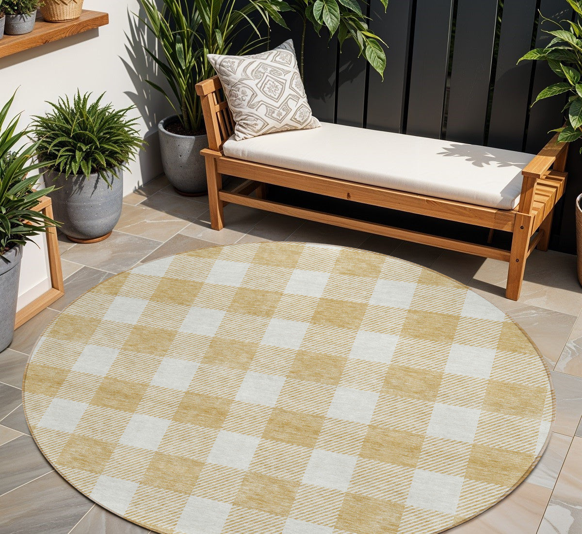8' Gold And Beige Round Plaid Washable Indoor Outdoor Area Rug