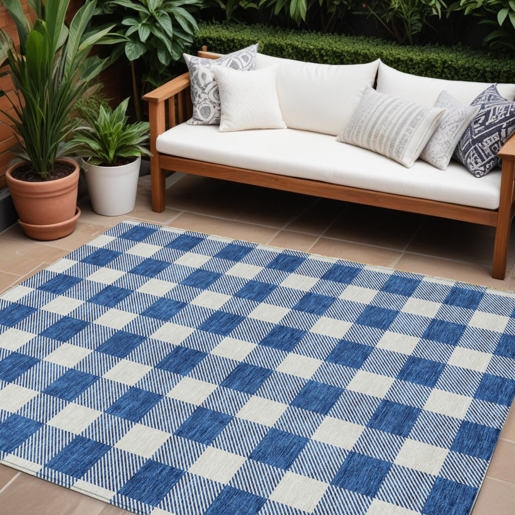 10' X 14' Navy Blue And Gray Plaid Washable Indoor Outdoor Area Rug