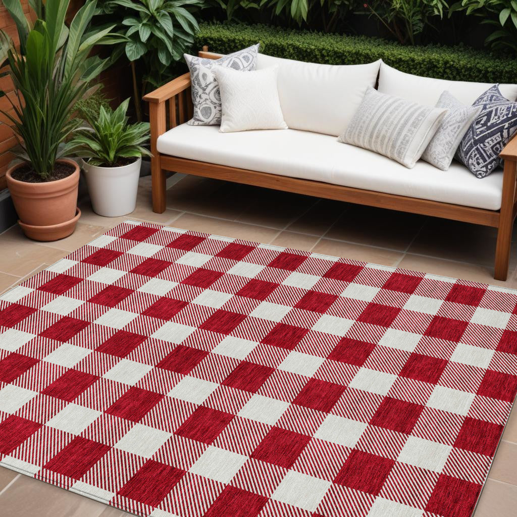 9' X 12' Red And Ivory Plaid Washable Indoor Outdoor Area Rug