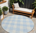 8' Sky Blue And Gray Round Plaid Washable Indoor Outdoor Area Rug