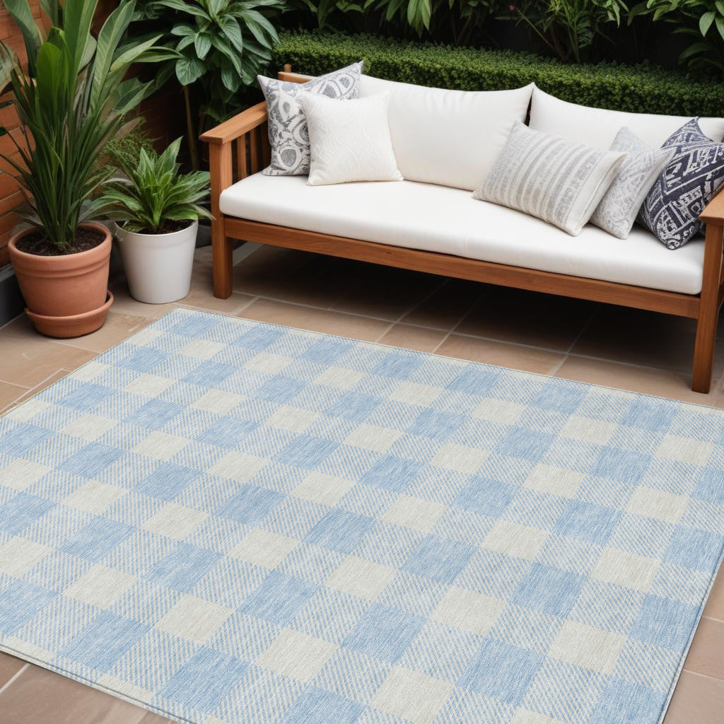10' X 14' Sky Blue And Gray Plaid Washable Indoor Outdoor Area Rug