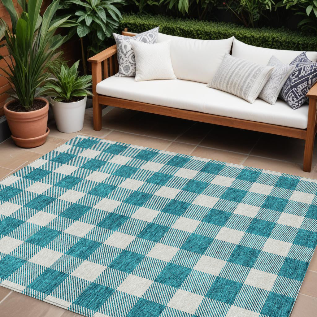 9' X 12' Teal Blue And Gray Plaid Washable Indoor Outdoor Area Rug