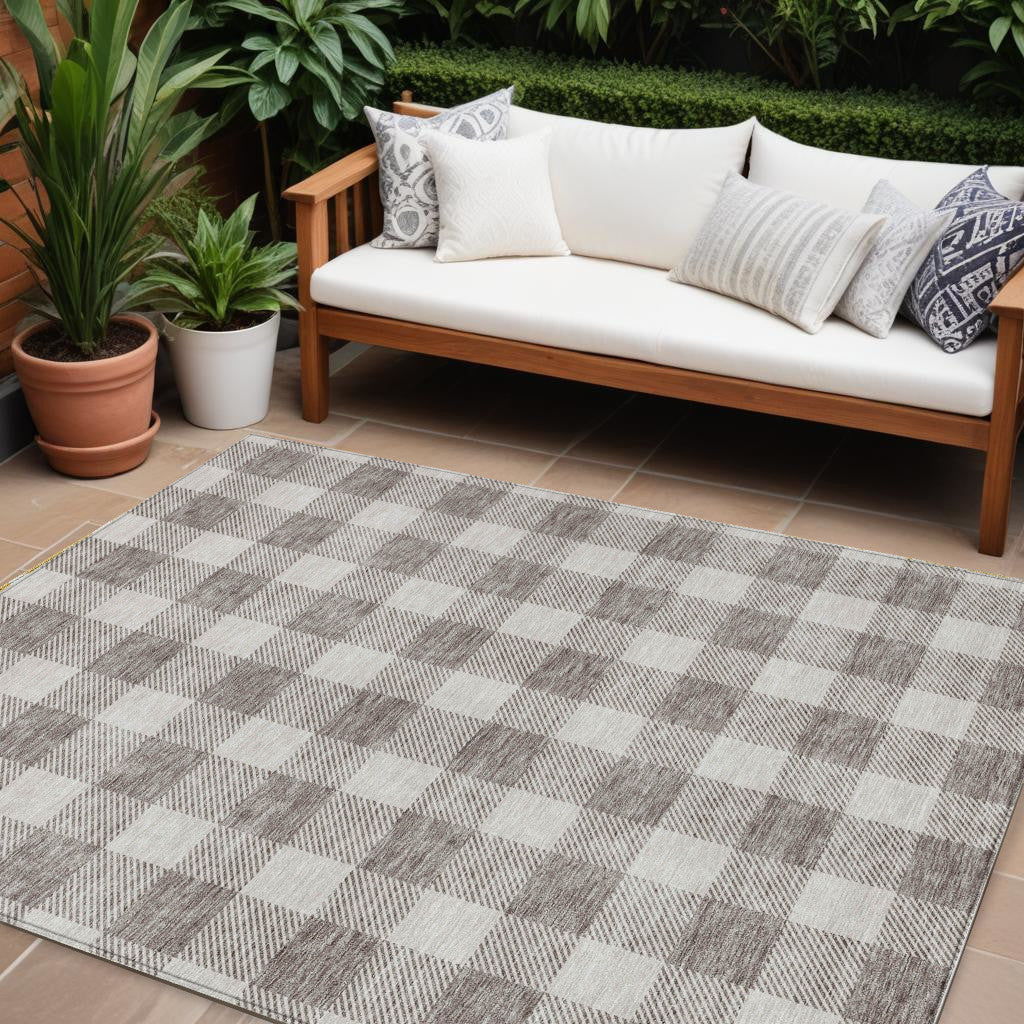 10' X 14' Taupe And Gray Plaid Washable Indoor Outdoor Area Rug